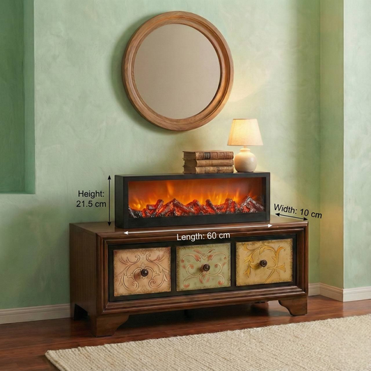 60cm wide LED fireplace light with dimensions shown, decorative electric fireplace lamp for living room home decor in Bangladesh by Mubaly