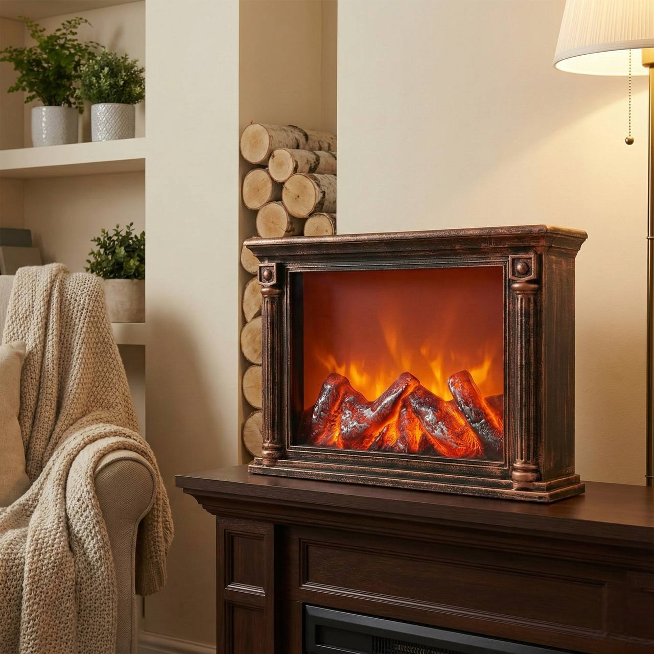 Decorative rectangular LED fireplace with glowing flame effect for living room home decor in Bangladesh