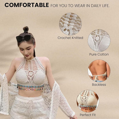 Women’s Crochet Halter Neck Backless Crop Top with Beads