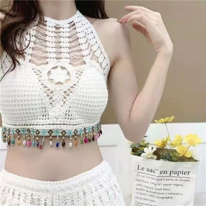 Women’s Crochet Halter Neck Backless Crop Top with Beads