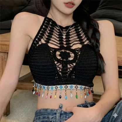 Women’s Crochet Halter Neck Backless Crop Top with Beads