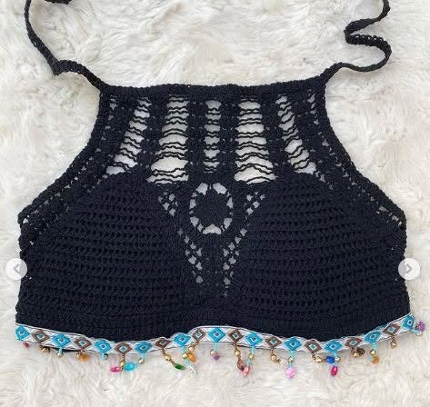 Women’s Crochet Halter Neck Backless Crop Top with Beads