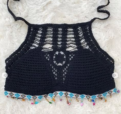 Women’s Crochet Halter Neck Backless Crop Top with Beads