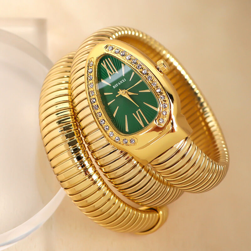 Women’s Gold Tone Bangle Quartz Snake Watch with Green Dial