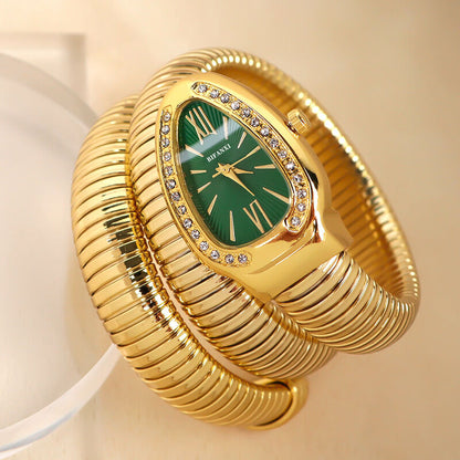 Women’s Gold Tone Bangle Quartz Snake Watch with Green Dial