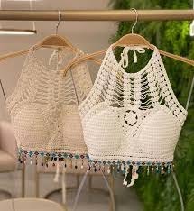 Women’s Crochet Halter Neck Backless Crop Top with Beads