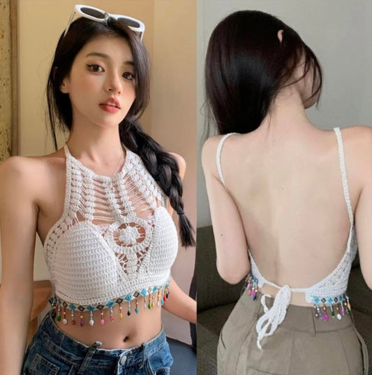 Women’s Crochet Halter Neck Backless Crop Top with Beads