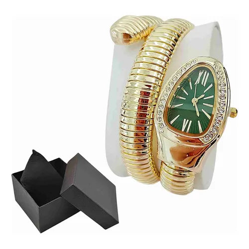 Women’s Gold Tone Bangle Quartz Snake Watch with Green Dial
