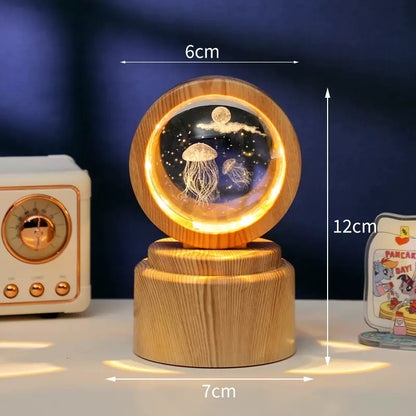 3D Crystal Ball USB LED Night Light with Wooden Base