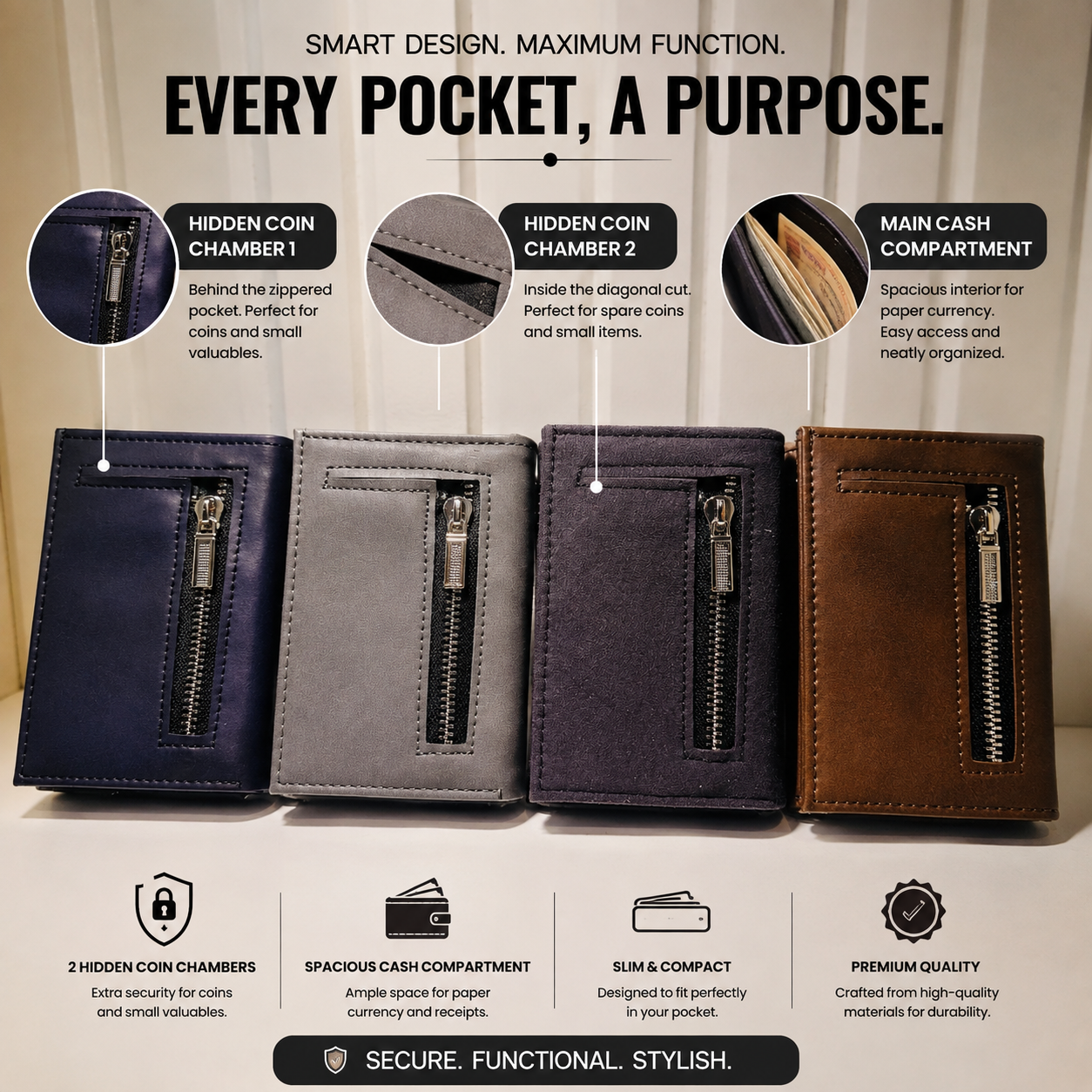 Artemis RFID Slim Wallet for Men | Zip Cash,Coin Pocket & Card Holder