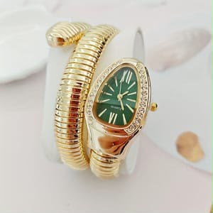 Women’s Gold Tone Bangle Quartz Snake Watch with Green Dial
