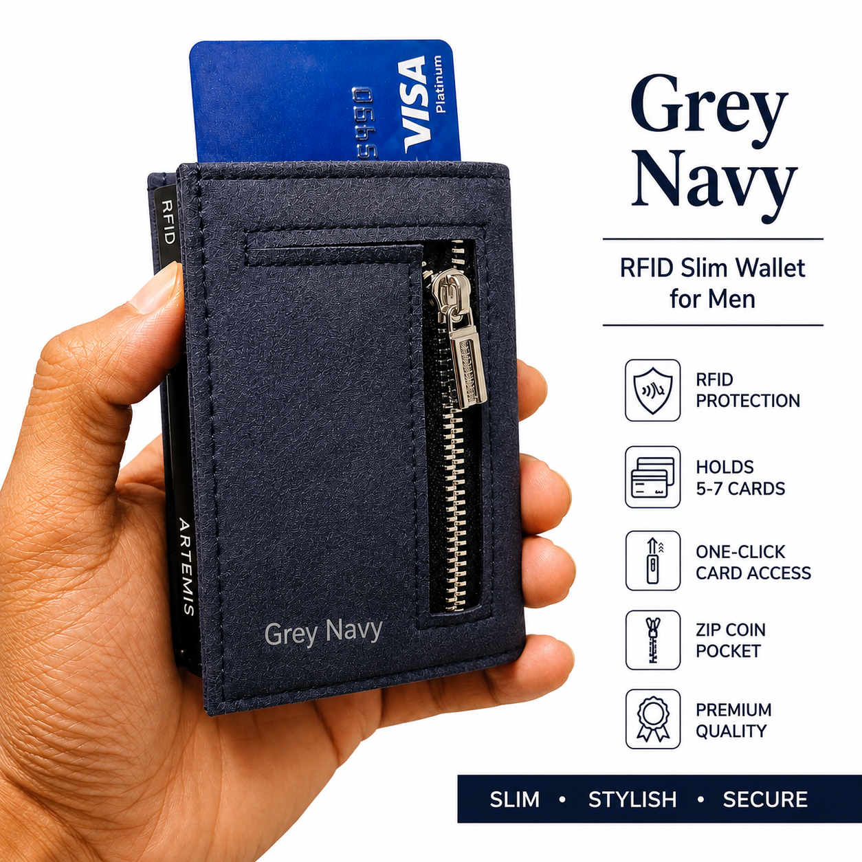 Artemis RFID Slim Wallet for Men | Zip Cash,Coin Pocket & Card Holder