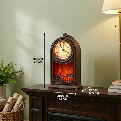 LED fireplace clock lamp with dimensions shown, decorative electric fireplace clock for home decor in Bangladesh by Mubaly