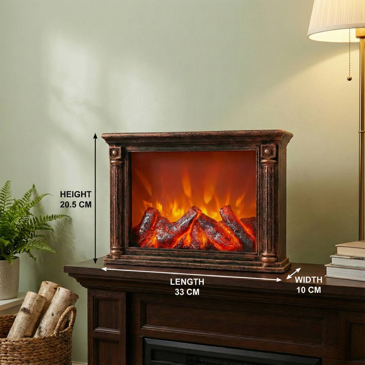 Rectangular LED fireplace with dimensions shown, decorative electric fireplace for home decor in Bangladesh by Mubaly